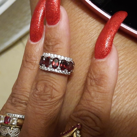 AUTHENTIC GENUINE SOLID STERLING SILVER GARNET ANNIVERSARY WEDDING CZ BAND RING - Picture 2 of 7